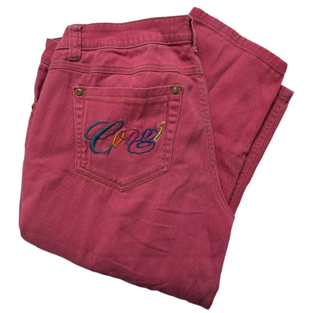 Y2K COOGI women's pink lowrise embroidered patched denim capri's, 13/14.
